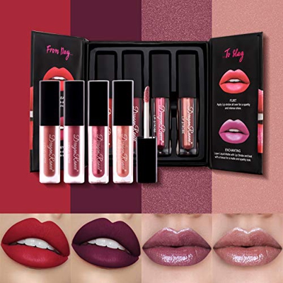 Mimore Set de pintalabios Velvet Matte 4 colores Impermeable Duradero Lápiz labial Hidratante natural Taza antiadherente Set de lápiz labial líquido (