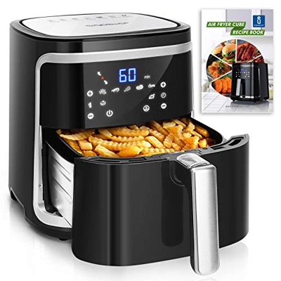 Aigostar Cube - Freidora de aire sin aceite 7L, 1900W, 7 funciones preestablecidas + mantener caliente, modo manual, panel LED táctil. Doble uso: con 