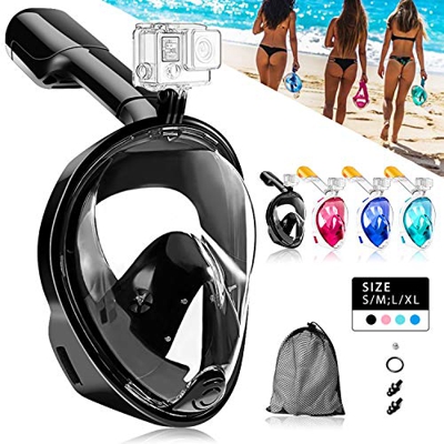 HINATAA Máscara de Buceo, 180°Panorámica Máscara de Snorkel de Cara, Anti-vaho Anti-Fuga,con Tapones con Tapones para los oídos Impermeables,GoPro Mou