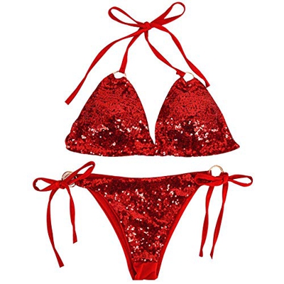Taigood Mujeres Sexy Halter Bikini Establece Dos Piezas Triángulo Vendaje de Lentejuelas Push Up Bikini Traje de baño Rojo-L