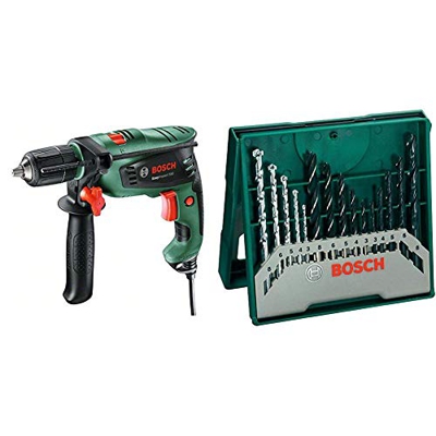 Bosch EasyImpact 550 - Taladro percutor (550 W, empuñadura adicional, tope de profundidad, maletín) & Mini X-Line - Set de 15 brocas mixto: mini x-lin