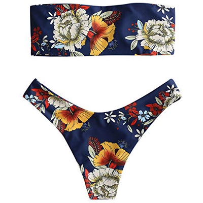 ZAFUL Traje de Baño Estampado Bandeau con Nudo Delantero Dos Piezas Conjunto de Bikini Verano 2019 (Azul, M)