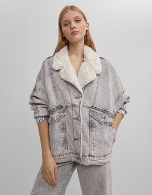Bershka Cazadora Denim Borreguito Mujer S Gris
