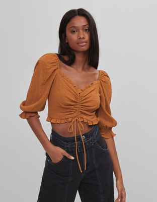 Bershka Blusa Con Manga Volumen Y Fruncido Mujer S Marrón