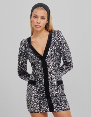 Bershka Vestido Lentejuelas Y Terciopelo Mujer Xs Plata