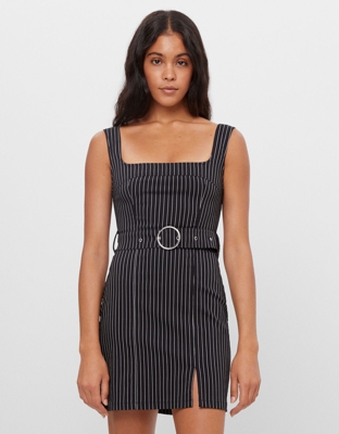 Bershka Vestido Rayas Cinturón Mujer L Negro