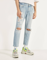 Bershka Jeans Slim Cropped Rotos Hombre 44 Azul Claro en oferta
