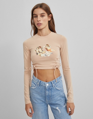 Bershka Camiseta Lace Up Gráfico Mujer S Camel