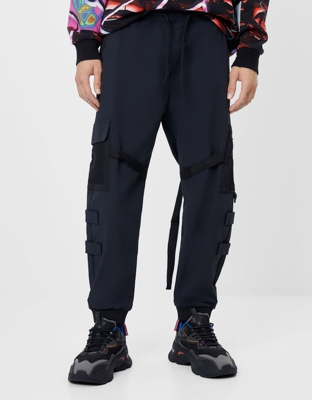 Bershka Pantalón Jogger Cintas Hombre L Negro