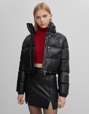 Bershka Cazadora Puffy Efecto Piel Mujer S Negro