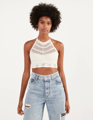 Bershka Top Halter Encaje Mujer L Crudo