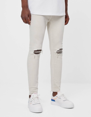 Bershka Jeans Super Skinny Rotos Hombre 40 Beige