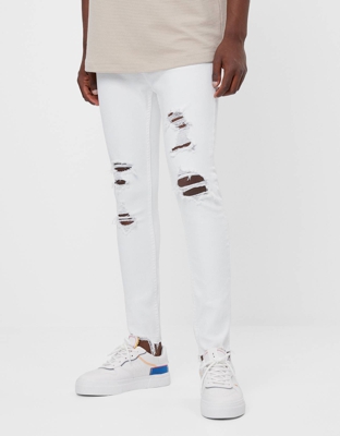 Bershka Jeans Super Skinny Rotos Hombre 36 Blanco
