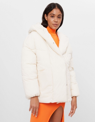 Bershka Abrigo Puffy Capucha Mujer M Crudo