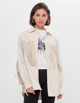 Bershka Sobrecamisa Flecos Mujer M Arena