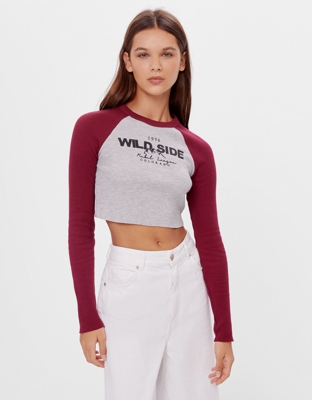 Bershka Camiseta Ranglán Print Mujer Xs Granate