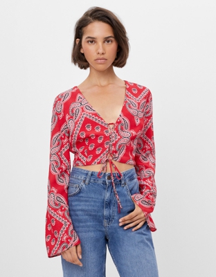 Bershka Blusa Paisley Lazo Mujer Xs Rojo