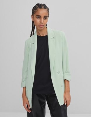 Bershka Blazer Con Mangas Roll Up Mujer M Verde