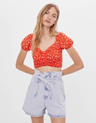 Bershka Short Denim Paperbag Con Cinturón Mujer 32 Azul Lavado