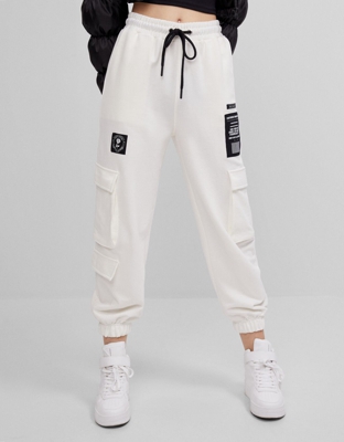 Bershka Pantalón Jogger Cargo Felpa Mujer S Crudo