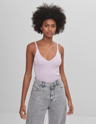 Bershka Top Calado Tirantes Mujer L Morado