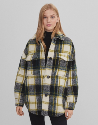 Bershka Sobrecamisa Oversize Cuadros Mujer M-L Verde
