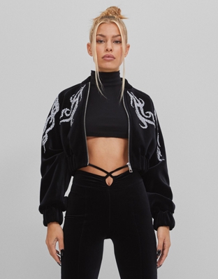 Bershka Cazadora Bomber Parches Strass Mujer Xs-S Negro