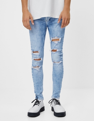 Bershka Jeans Skinny Rotos Hombre 40 Azul Lavado