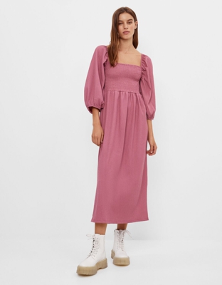 Bershka Vestido Babydoll Volumen Mujer L Rosa