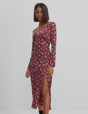 Bershka Vestido Midi Flores Mujer L Negro