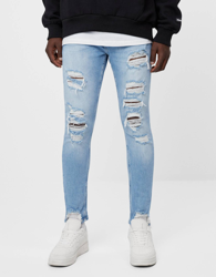Bershka Jeans Skinny Rotos Hombre 38 Azul Lavado en oferta