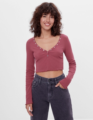 Bershka Camiseta Con Snaps Mujer Xs Granate