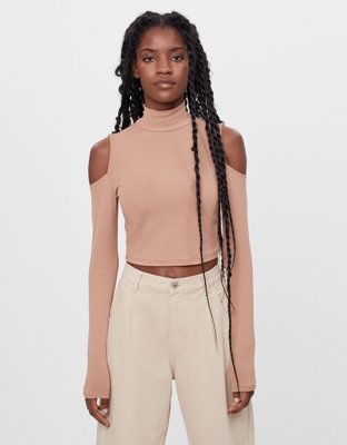 Bershka Camiseta Abertura Cuello Alto Mujer M Camel