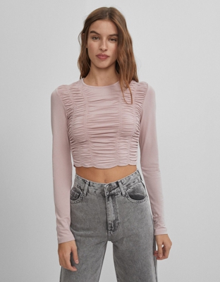 Bershka Camiseta Crepé Mujer S Rosa