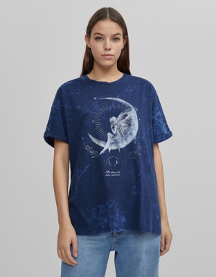 Bershka Camiseta Print Mujer Xs Azul