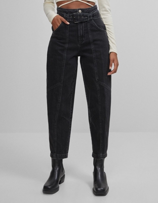 Bershka Pantalón Con Cinturón Mujer 36 Negro