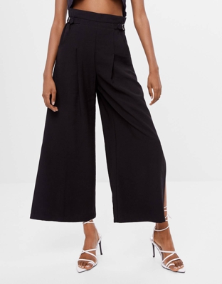 Bershka Pantalón Culotte Hebillas Mujer S Negro
