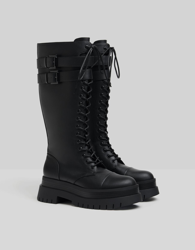 Bershka Botas Plataforma Acordonadas Detalle Hebillas Mujer 40 Negro en oferta