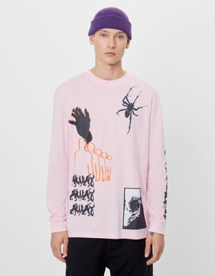 Bershka Camiseta Print Araña Hombre Xl Rosa