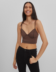 Bershka Top Cropped Costuras Mujer M Marrón en oferta