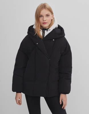 Bershka Abrigo Puffy Capucha Mujer Xs Negro