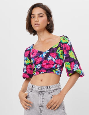 Bershka Blusa Flores Volumen Mujer Xs Negro