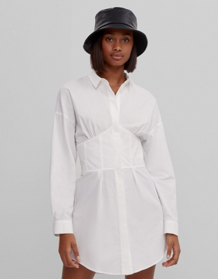 Bershka Camisa Vestido Popelín Mujer Xs Blanco