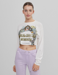 Bershka Camiseta Cropped Print Mujer Xs Blanco Roto en oferta