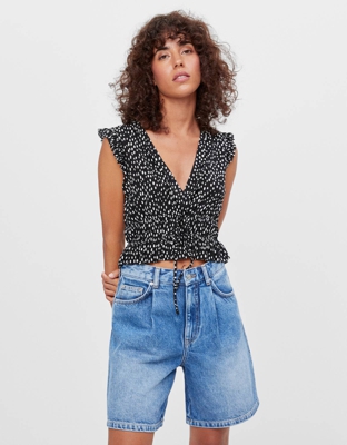 Bershka Camiseta Plisada Print Mujer Xs Negro