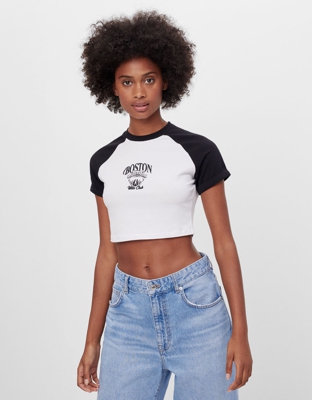 Bershka Camiseta Cuello Contraste Mujer M Negro