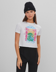 Bershka Camiseta Cropped Dragón Mujer S Blanco Roto precio