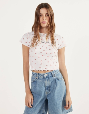 Bershka Camiseta Con Textura Y Estampado Mujer M Rojo