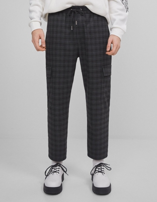 Bershka Pantalón Jogger Cuadros Hombre L Negro