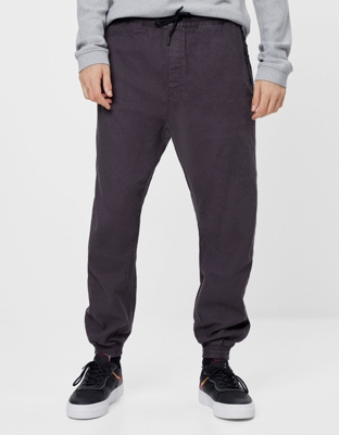 Bershka Pantalón Jogger Lino Hombre M Gris